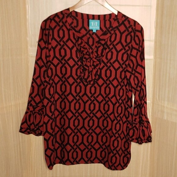 Escapada Womens Red Black Bell Sleeve Tunic Top Medium - Picture 1 of 6
